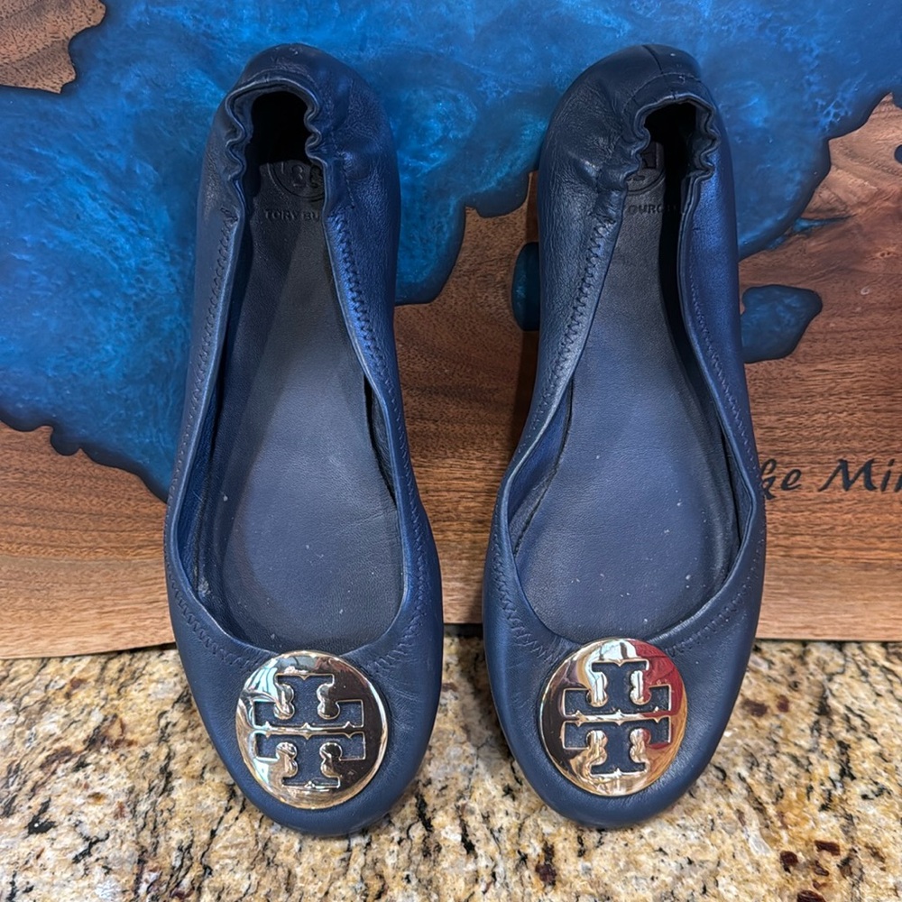 Tory Burch Minnie Travel Ballet with Logo Blue Size 9
